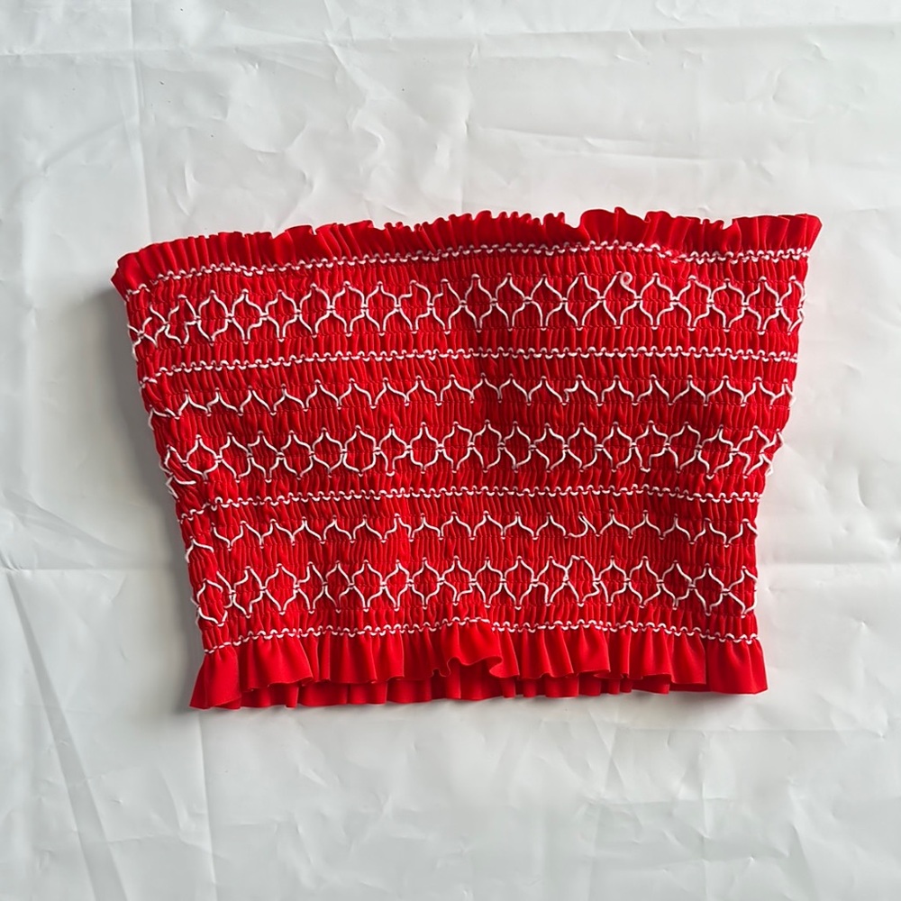 Red Patterned Bandeau Bikini Top - Picture 2 of 2